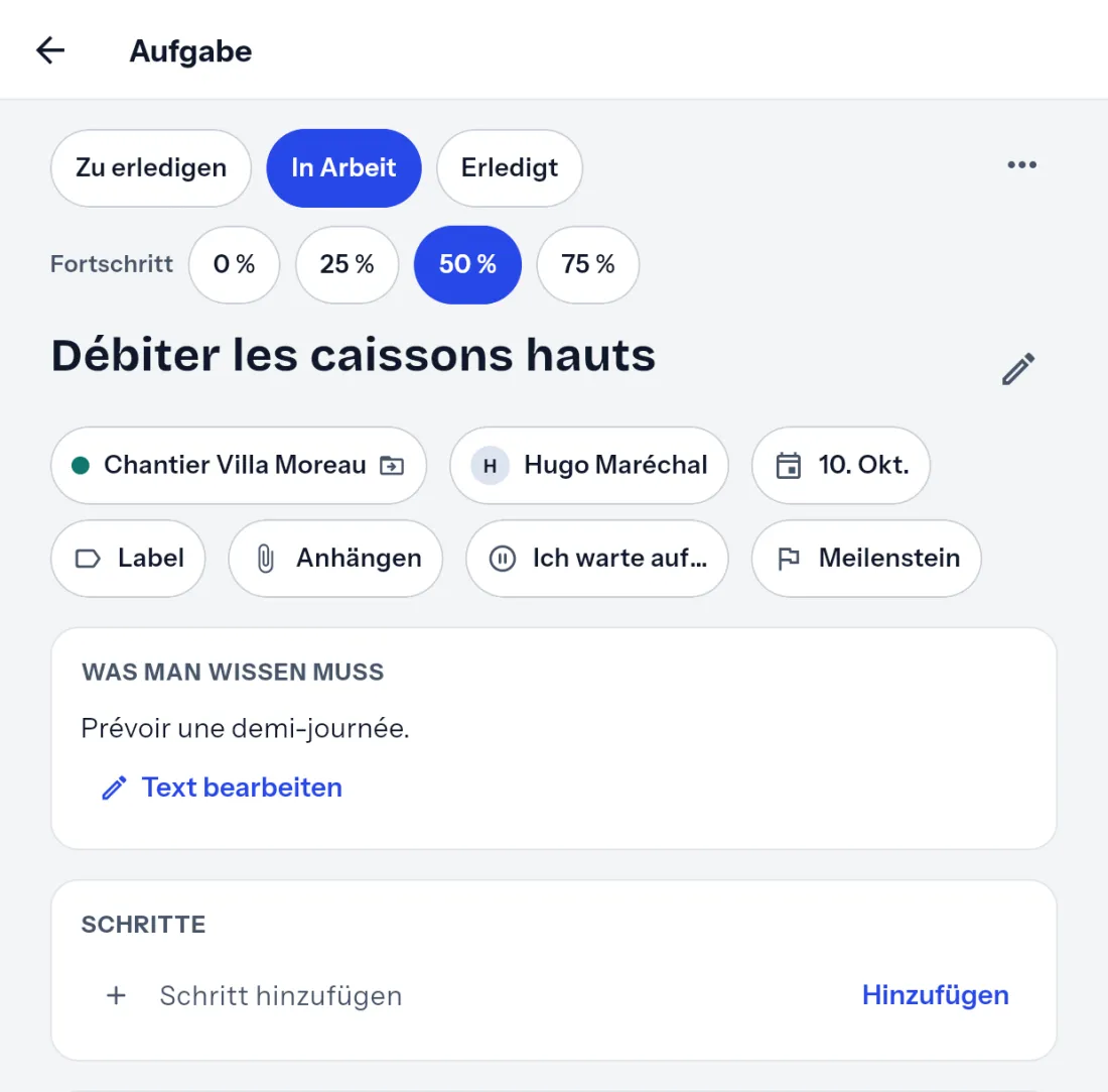 Eine Aufgabe: Projekt, zuständige Person, Termin, Schaltfläche zum Anhängen einer Datei, Diskussion.