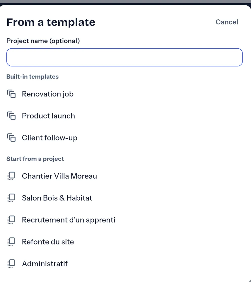 Creating a project from a supplied template or from an existing project.