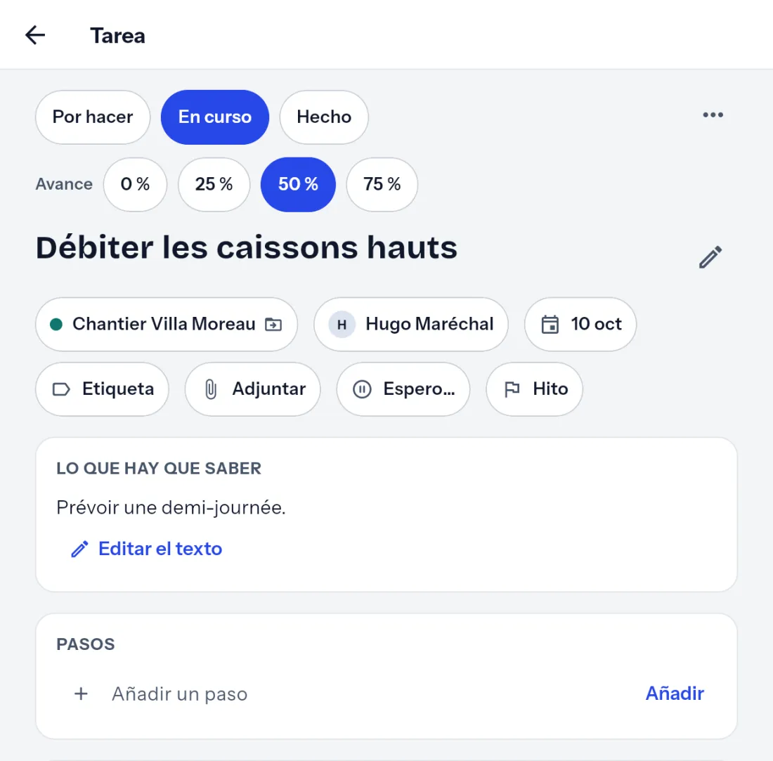 Una tarea: proyecto, responsable, fecha, botón para adjuntar un archivo, conversación.