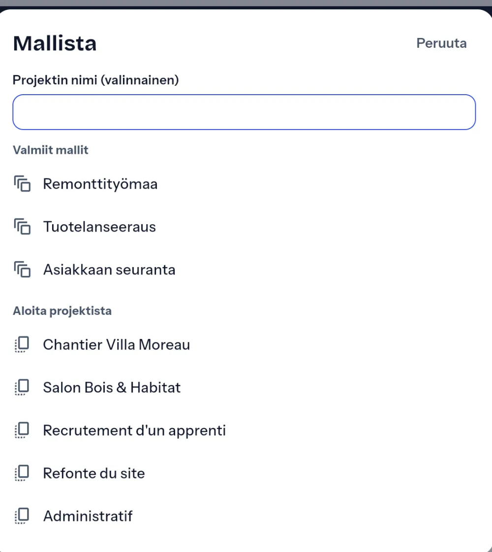 Projektin luominen valmiista mallista tai olemassa olevasta projektista.