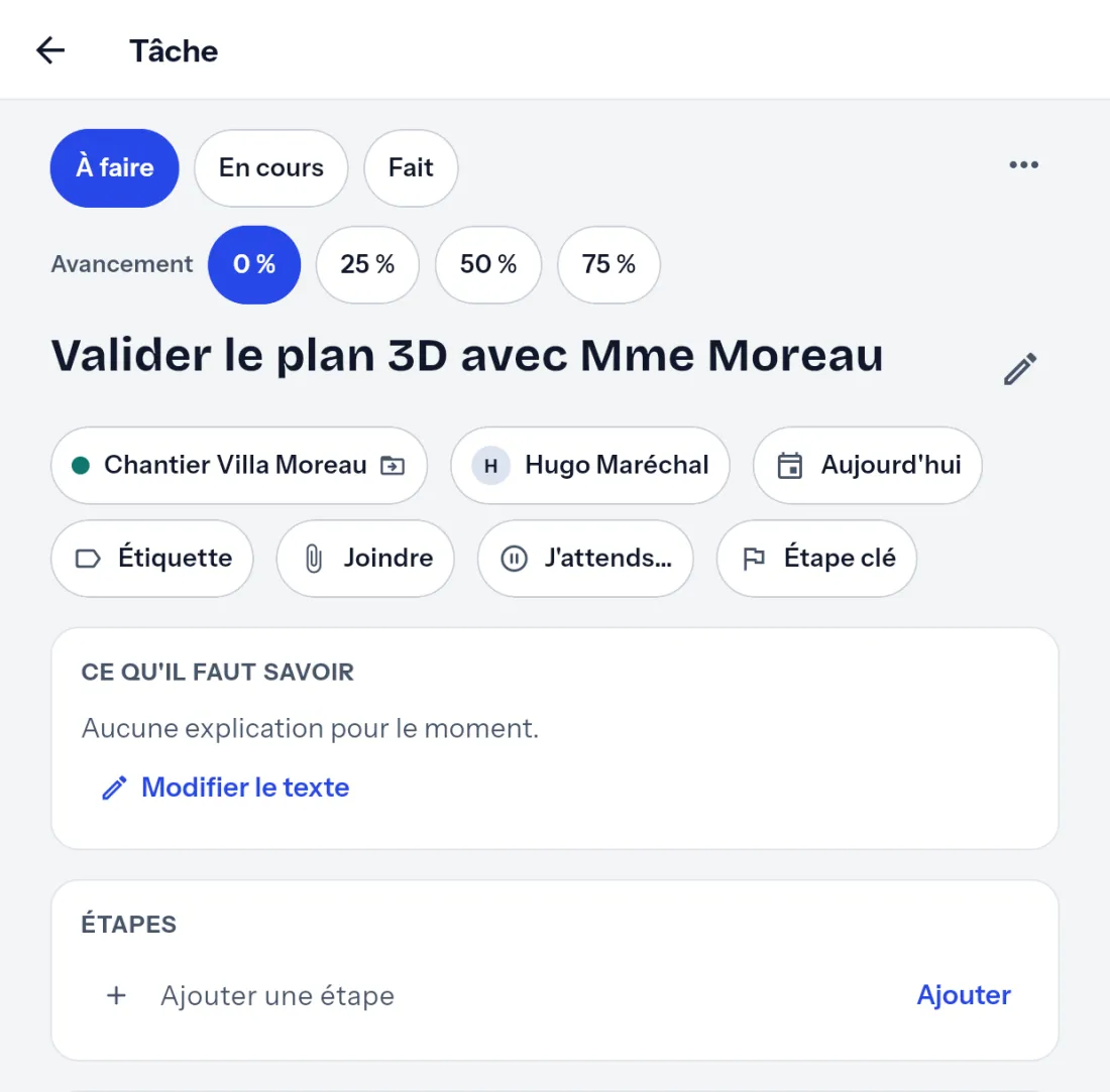 La fiche d’une tâche : projet, responsable, date, bouton pour joindre un fichier, discussion.