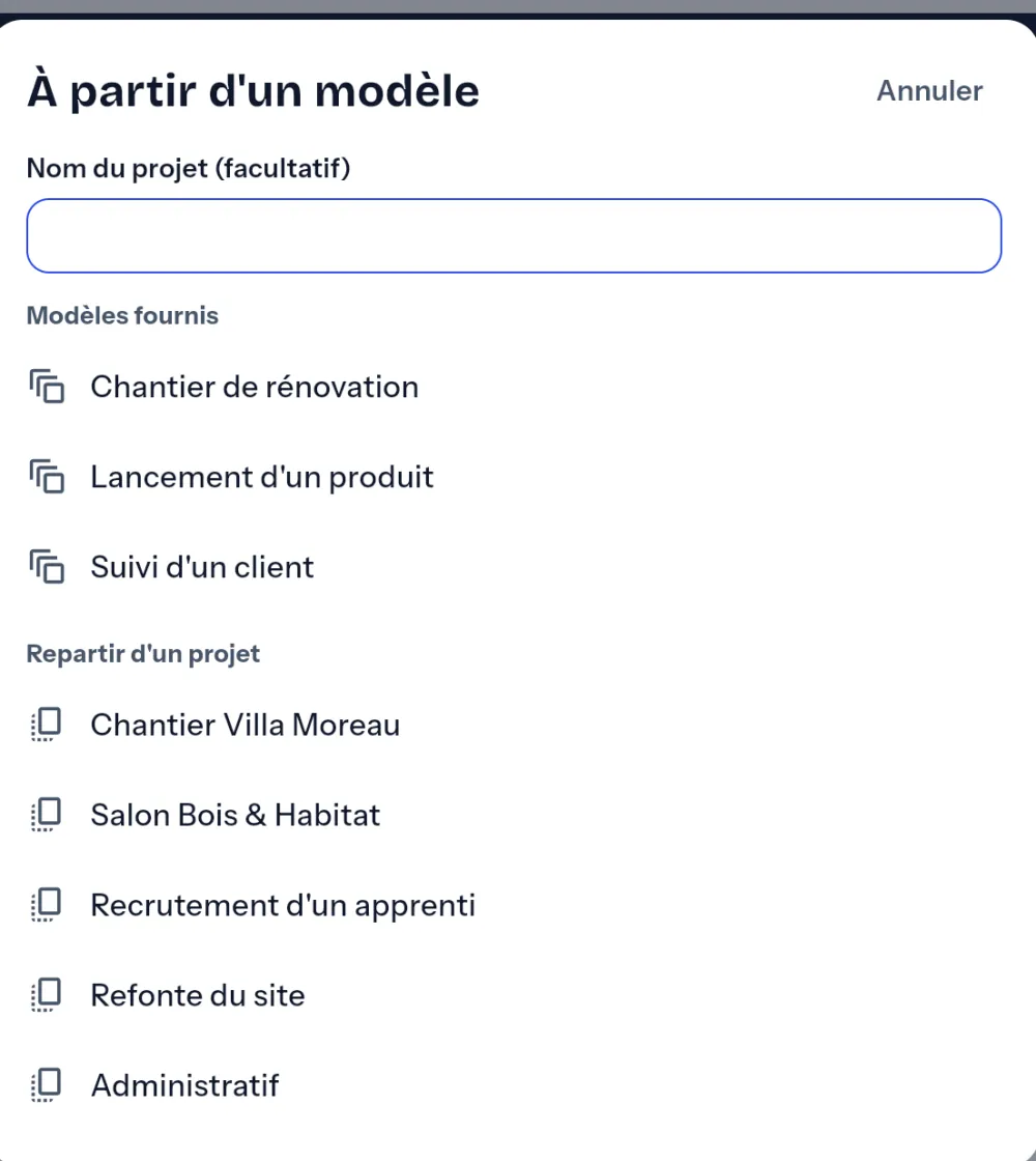 Créer un projet à partir d’un modèle fourni ou d’un projet existant.