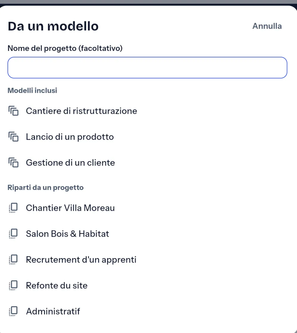 Creare un progetto da un modello fornito o da un progetto esistente.