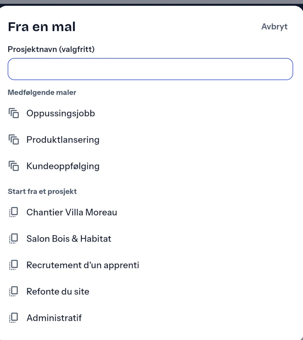 Opprett et prosjekt fra en medfølgende mal eller et eksisterende prosjekt.