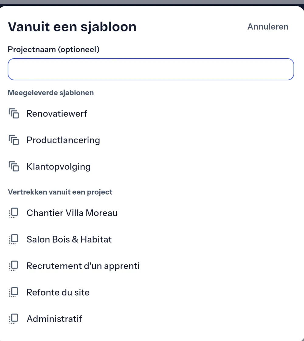 Een project aanmaken vanuit een meegeleverd sjabloon of een bestaand project.
