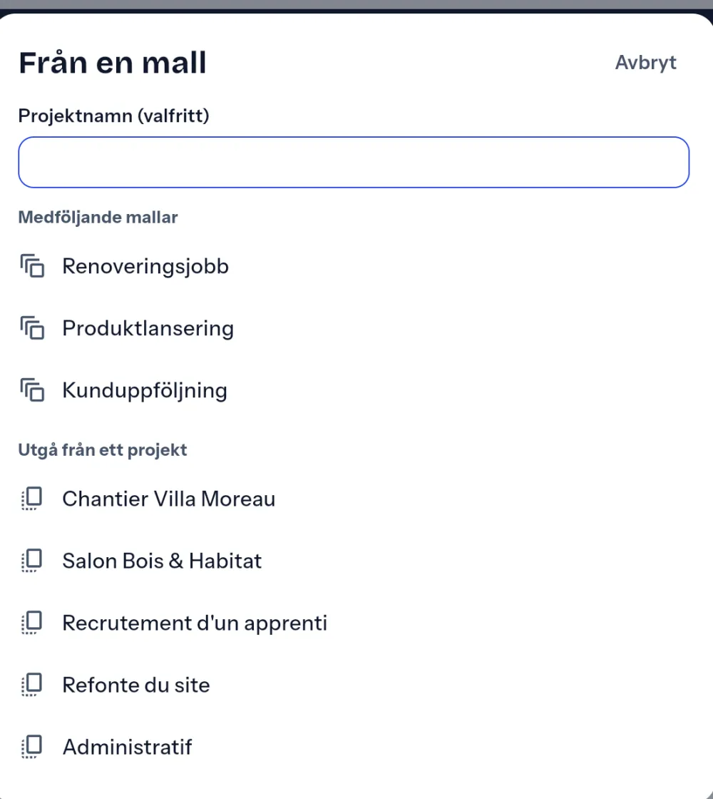 Skapa ett projekt från en medföljande mall eller ett befintligt projekt.